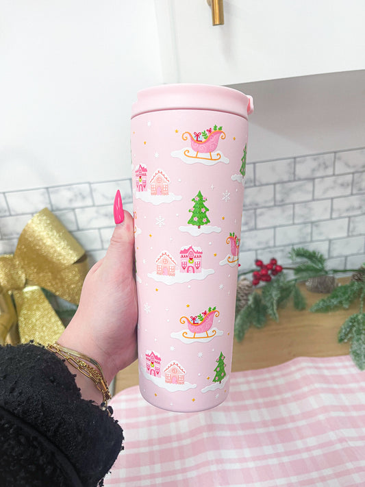 Bouteille Isotherme 24 oz rose | village sur neige | Collection noël | Couvercle & Paille Inclus