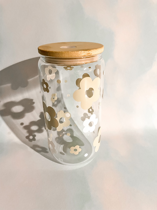 Beige and White Flowers Glass 16 oz | 25 oz | Lid &amp; Straw Included