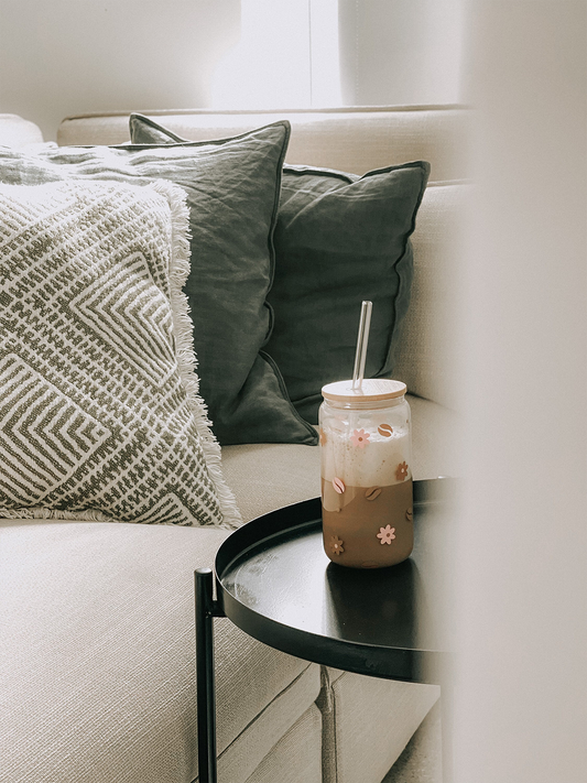 Petite Flowers and Coffee Beans Glass 16 oz | 25 oz | Lid &amp; Straw Included