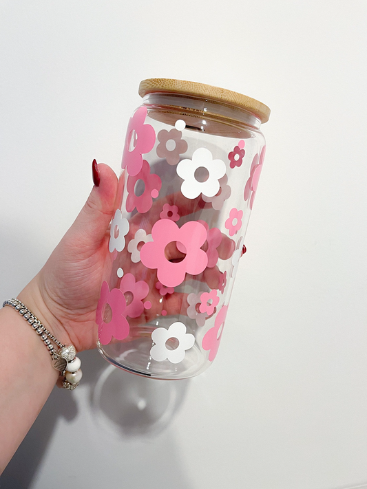 Dark Pink Daisy Glass 16 oz | 25 oz | Lid &amp; Straw Included