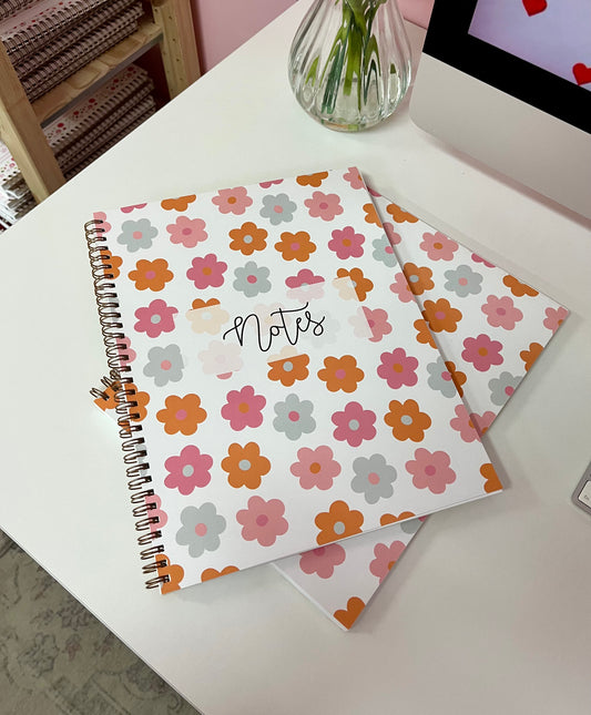 Cahier de notes | Blanc et fleurs roses, oranges et bleues