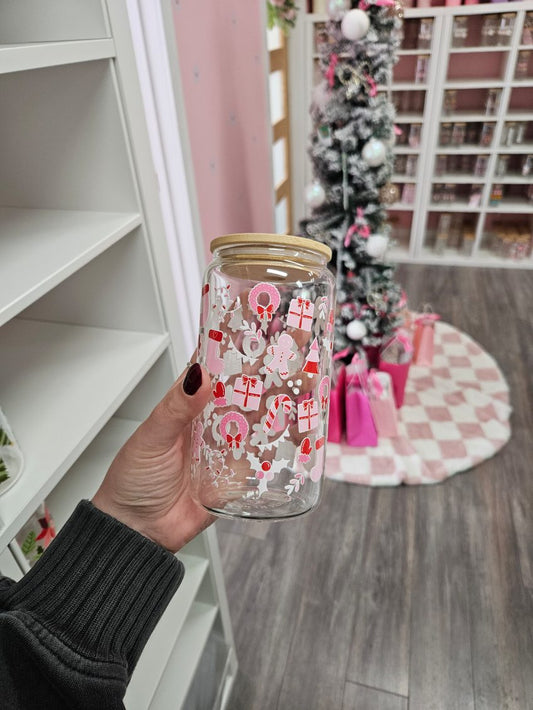 16 oz Glass | Pink Christmas | Christmas Collection | Lid &amp; Straw Included