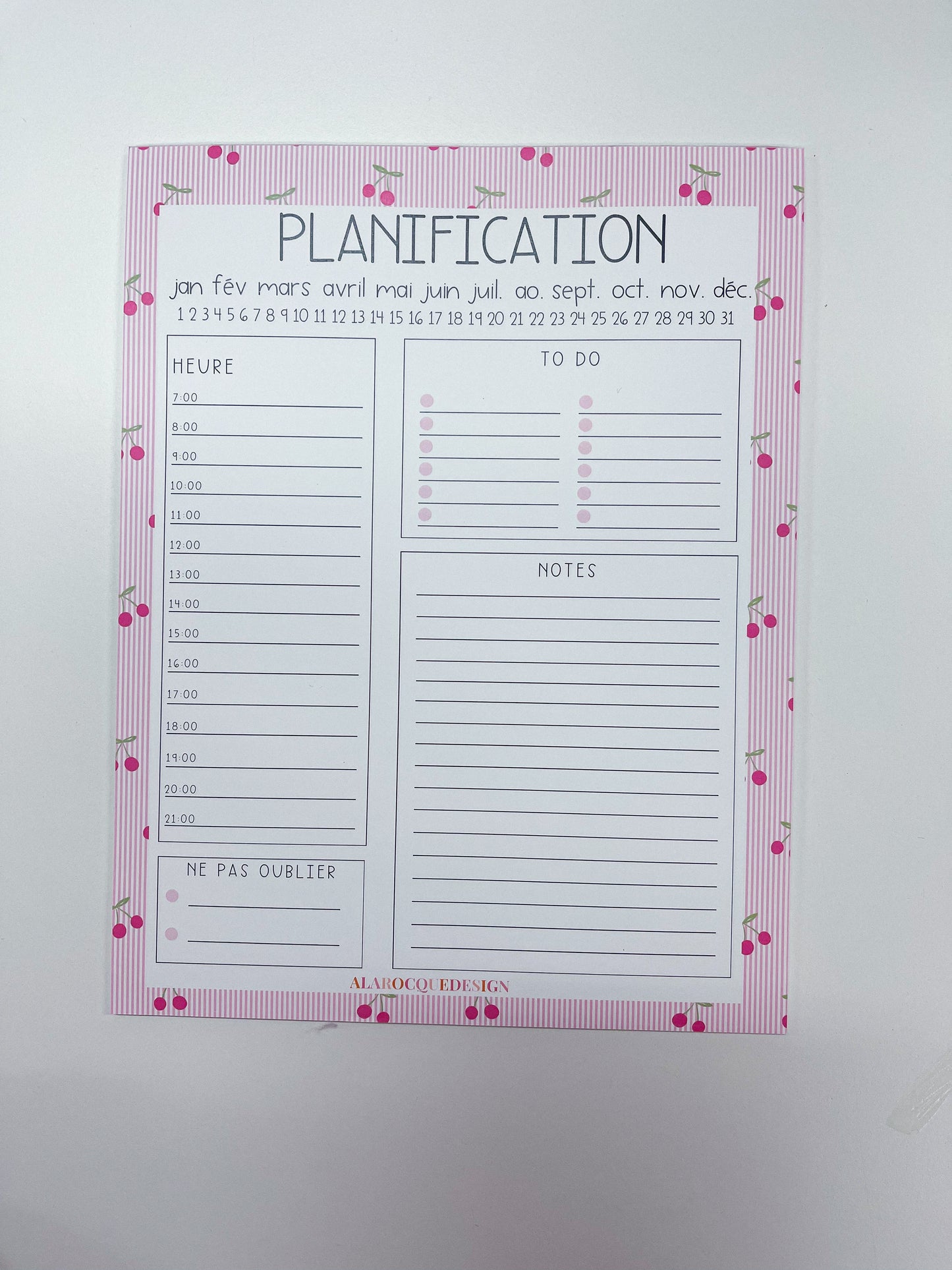 Planificateur journalier | Rose | Cerises ou Lignes ou Fleurs