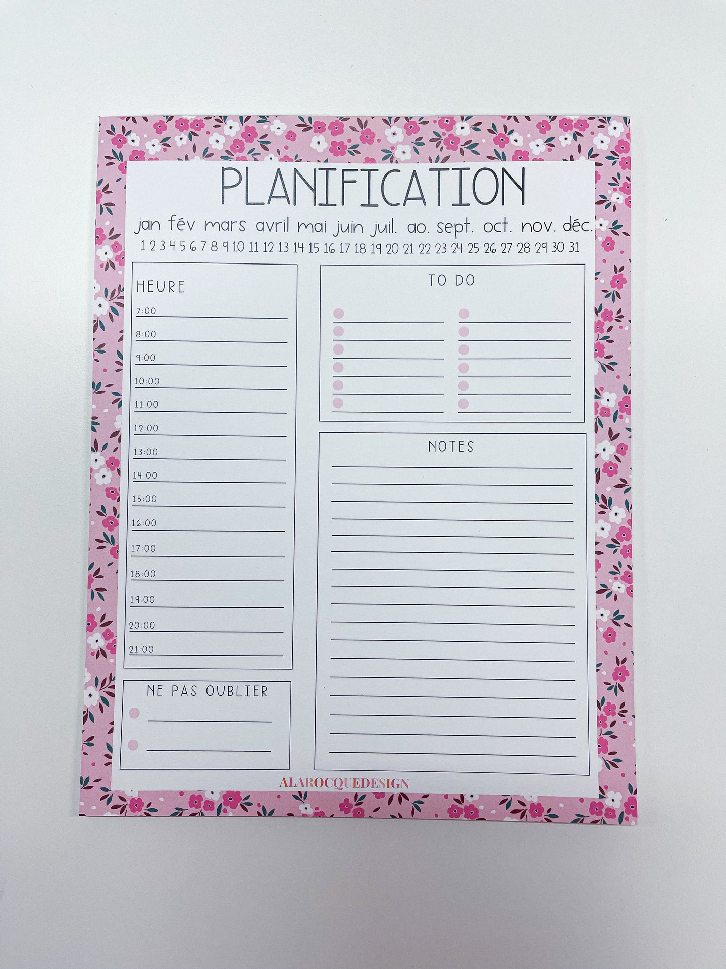 Planificateur journalier | Rose | Cerises ou Lignes ou Fleurs