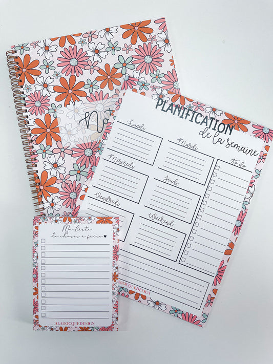 Trio | Cahier de notes | Liste de tâches | Planificateur | Fleurs Bleues Rétro