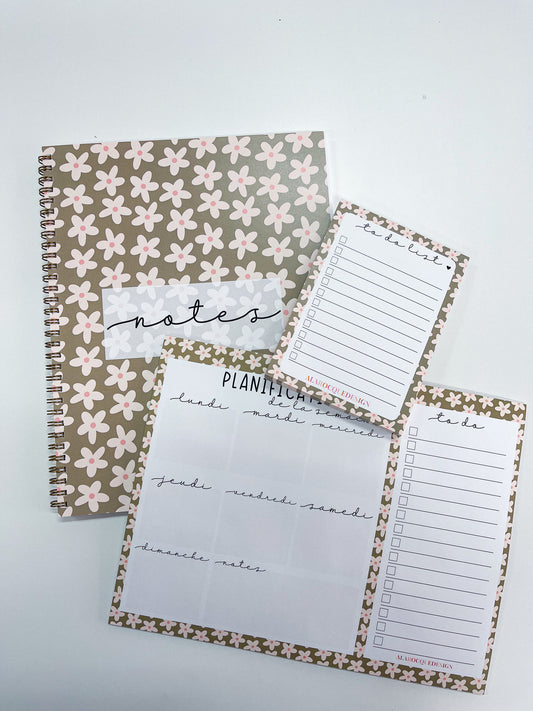 Trio | Cahier de notes | Liste de tâches | Planificateur | Sauge & Fleurs Roses