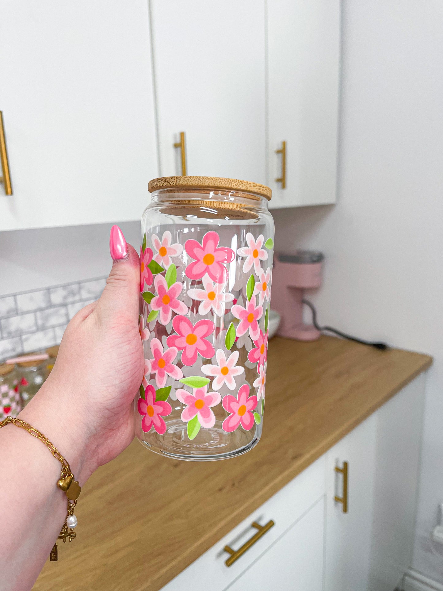 Pink Flowers &amp; Leaf | 16 oz | Lid &amp; Straw Included