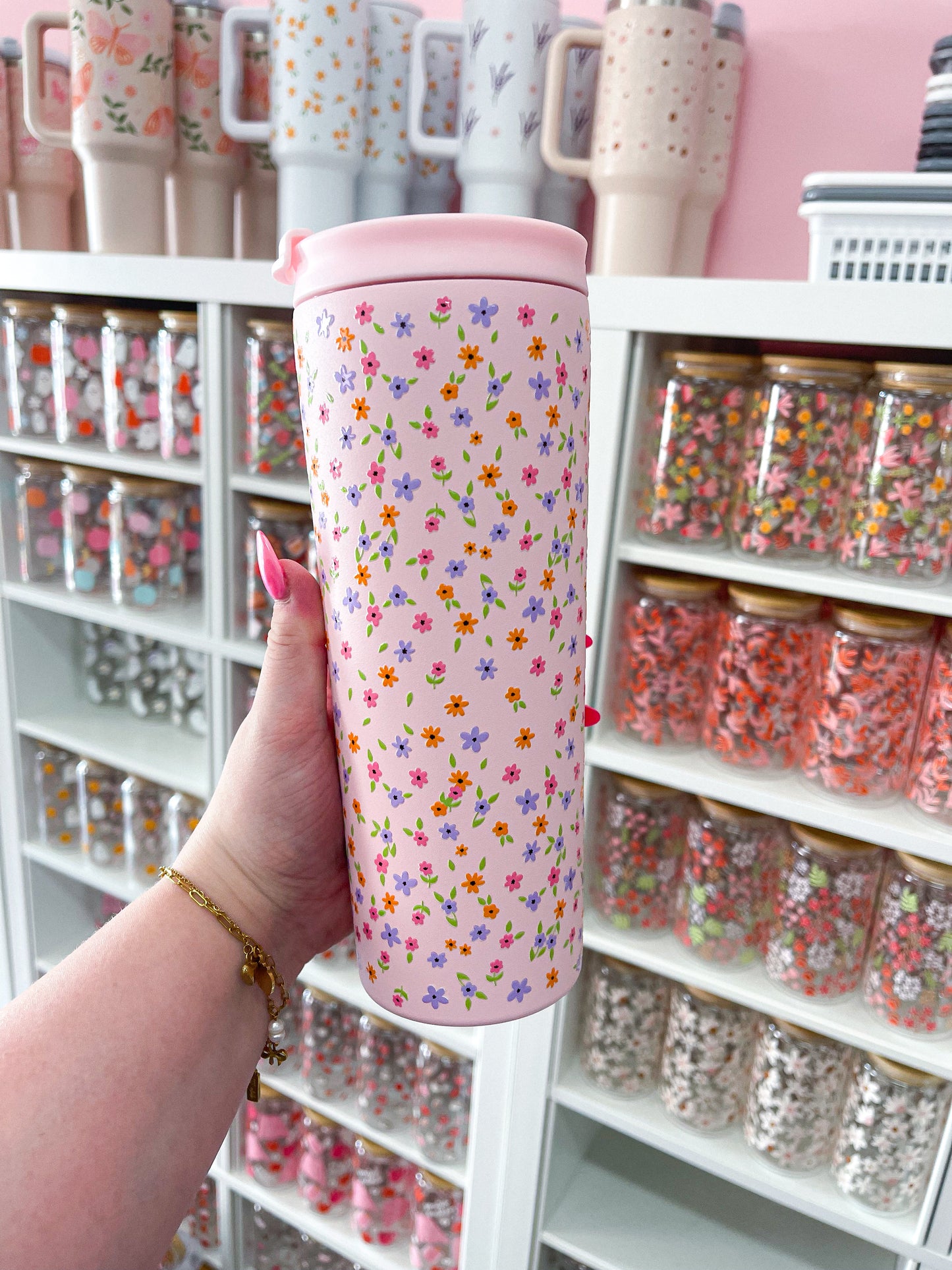 24 oz Insulated Bottle | Pink | Mini Purple and Orange Flowers | Lid &amp; Straw Included