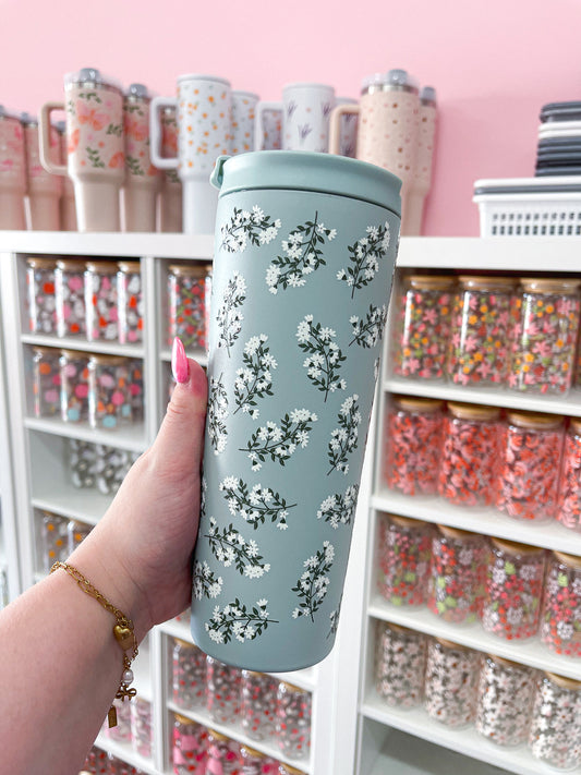 24 oz Insulated Bottle | Sage | White Floral Bouquet | Lid &amp; Straw Included