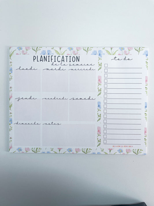 Planificateur de semaine | Fleurs bleues, roses et feuilles | 25 pages