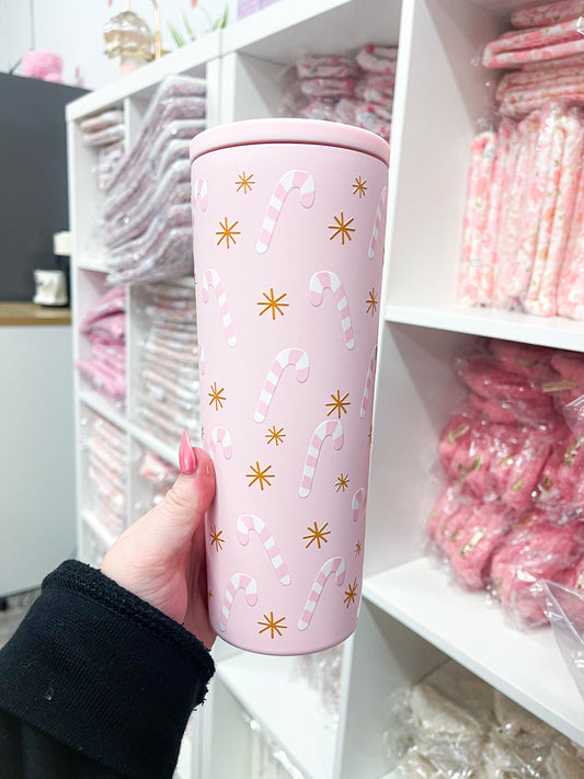 24 oz Pink Insulated Bottle | Candy Cane | Christmas Collection | Lid &amp; Straw Included