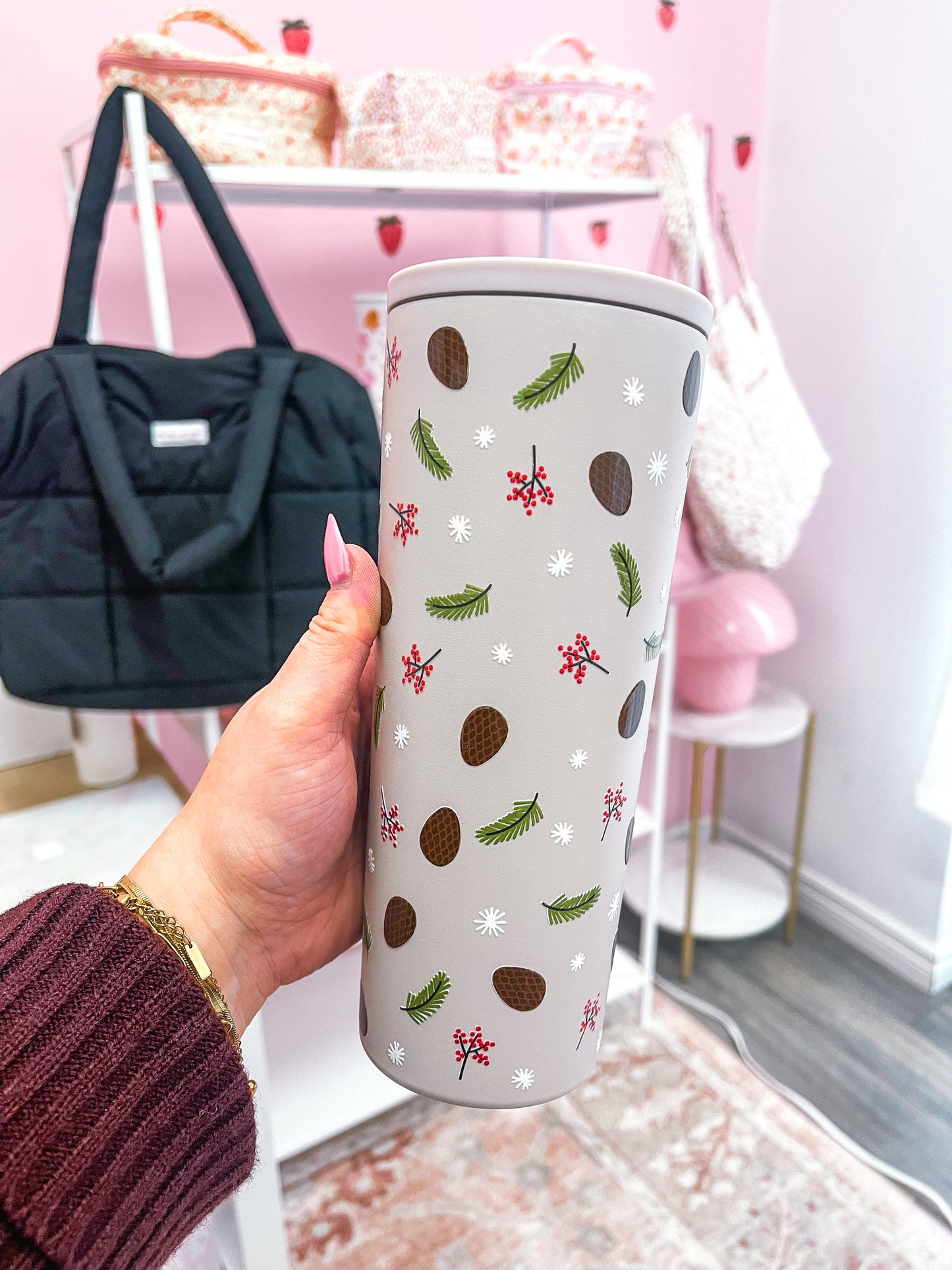 24 oz Beige Grey Insulated Bottle | Cocottes &amp; Leaves | Christmas Collection | Lid &amp; Straw Included