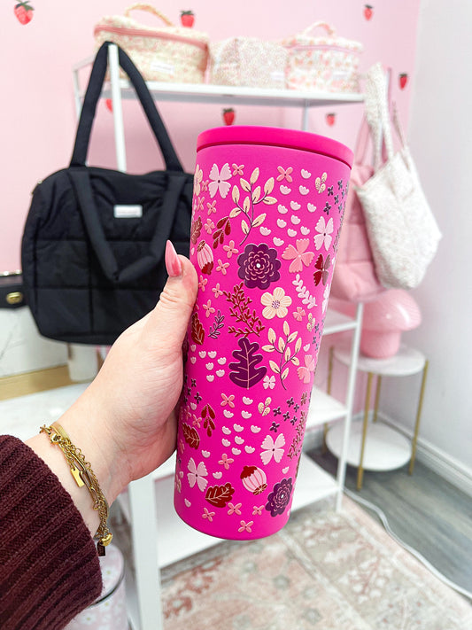 24 oz Fushia Insulated Bottle | Flowers | Christmas Collection | Lid &amp; Straw Included