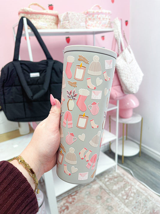 24 oz Beige Grey Insulated Bottle | Cozy Season | Christmas Collection | Lid &amp; Straw Included