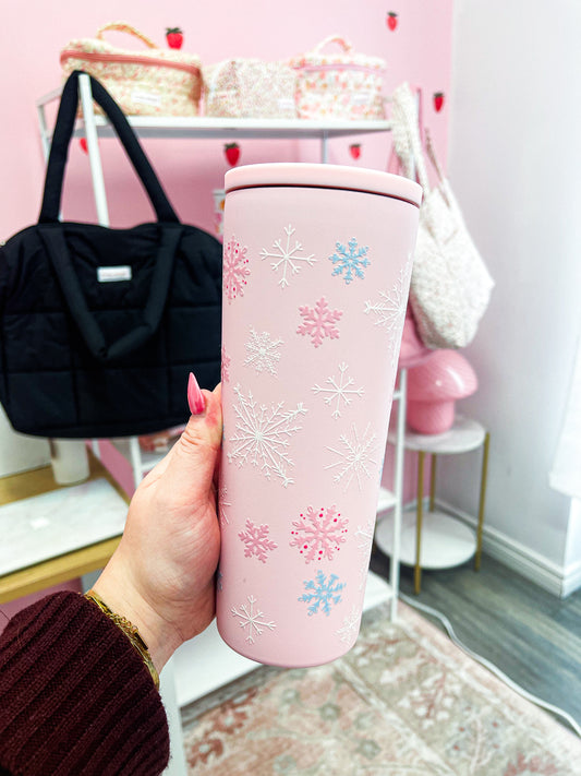 24 oz Pink Insulated Bottle | Snowflakes | Christmas Collection | Lid &amp; Straw Included