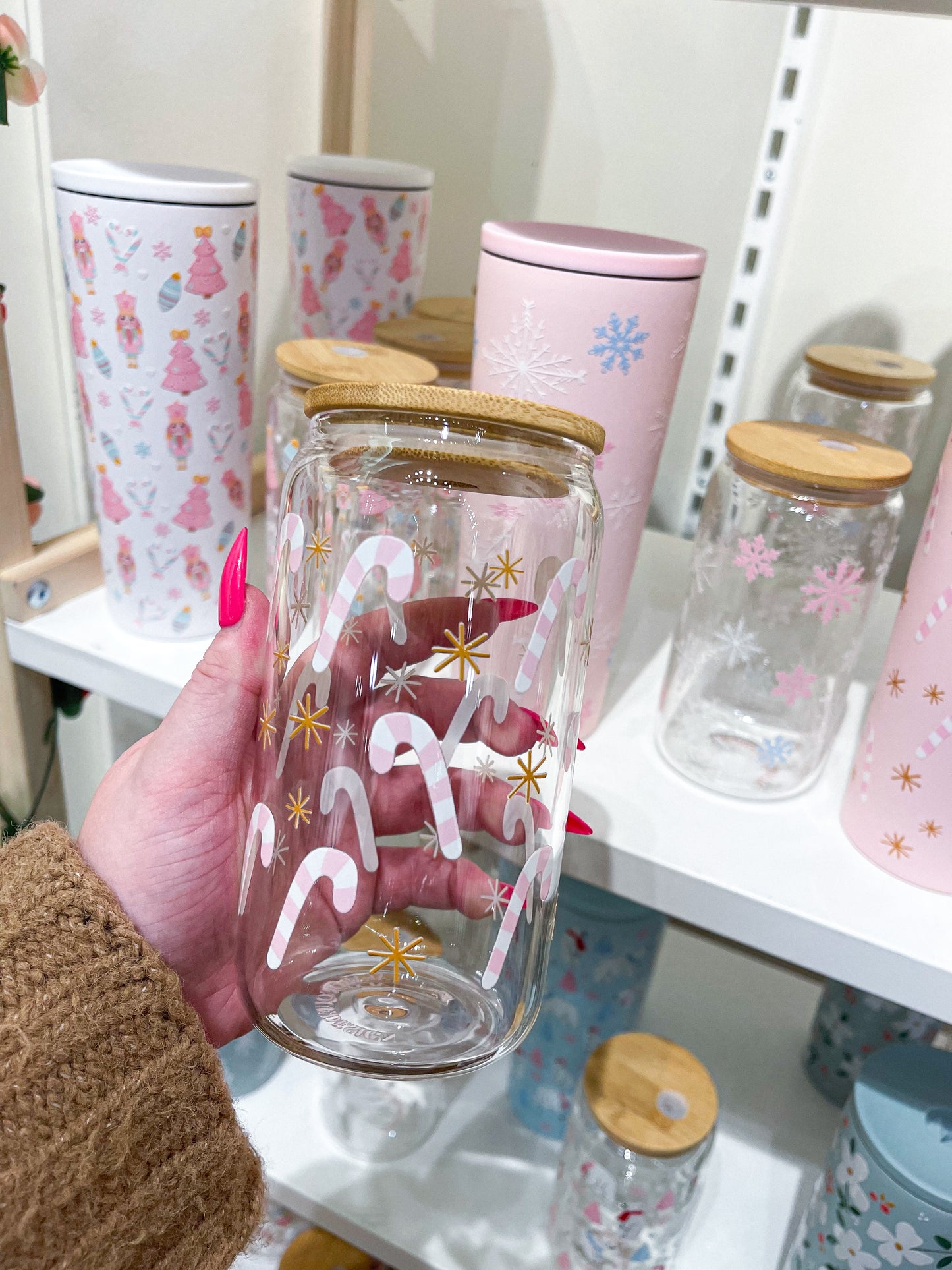 16 oz Glass | Pink Canes | Christmas Collection | Lid &amp; Straw Included