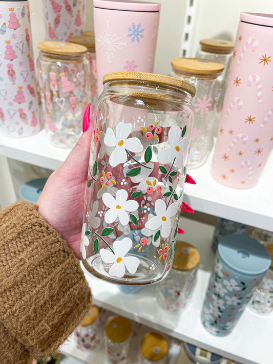 16 oz Glass | White Flowers | Christmas Collection | Lid &amp; Straw Included