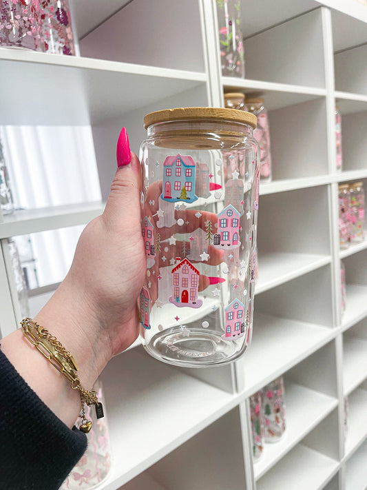 16 oz Glass | Christmas Villages (Blue and Pink Houses) | Christmas Collection | Lid &amp; Straw Included