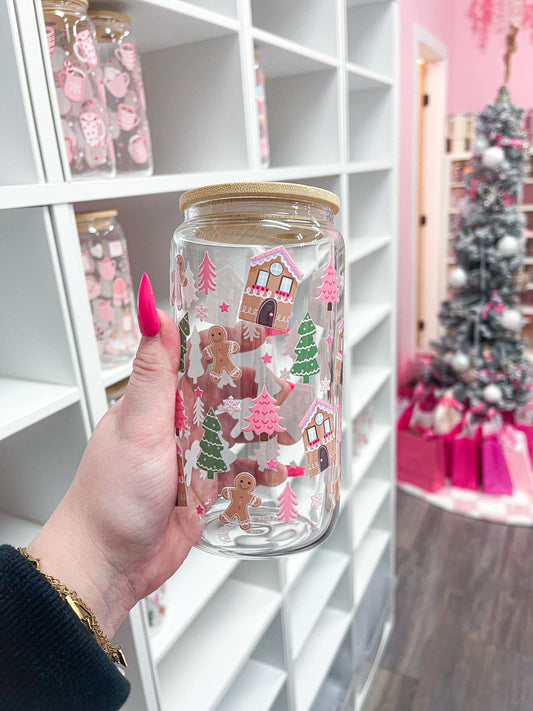 16 oz Glass | Gingerbread House &amp; Fir Trees | Christmas Collection | Lid &amp; Straw Included