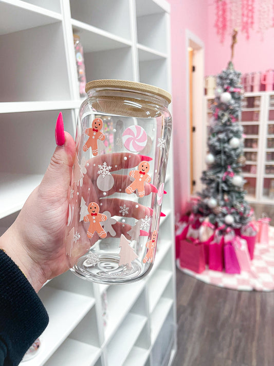 16 oz Glass | Gingerbread and Pink Candy | Christmas Collection | Lid &amp; Straw Included