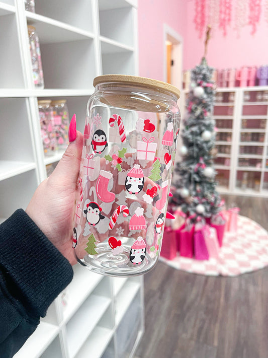 16 oz Glass | Penguin | Christmas Collection | Lid &amp; Straw Included