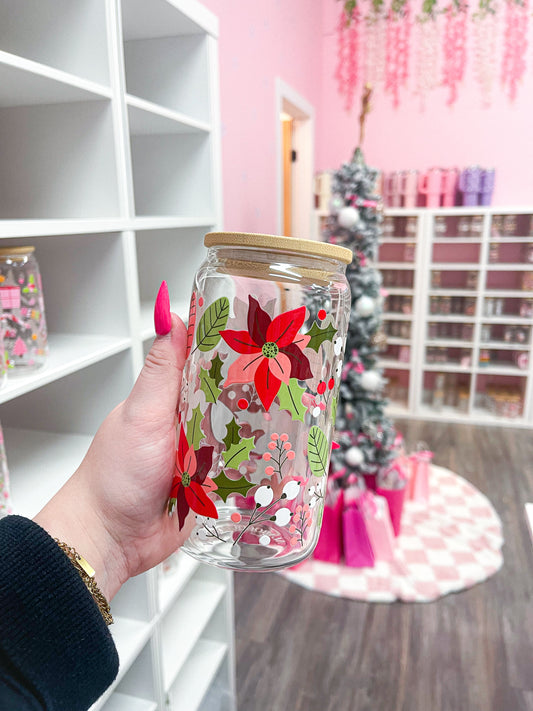 16 oz Glass | Lily Flowers | Christmas Collection | Lid &amp; Straw Included