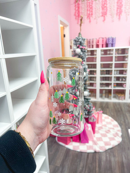 16 oz Glass | Minimalist Green Fir Trees | Christmas Collection | Lid &amp; Straw Included