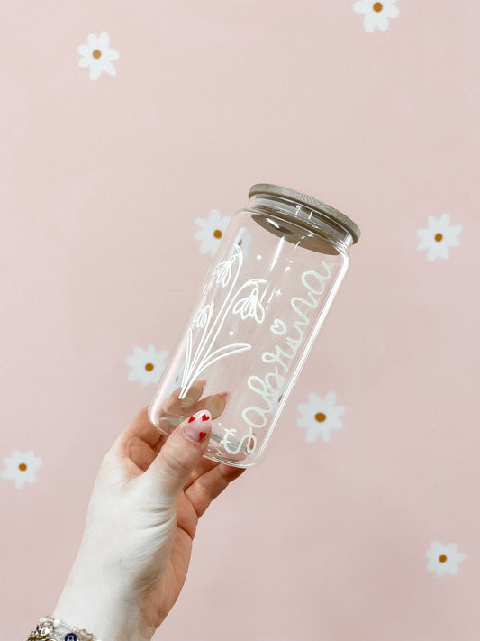 Verre personnalisé | Fleurs de naissance 16 oz | Couvercle & Paille Incluse